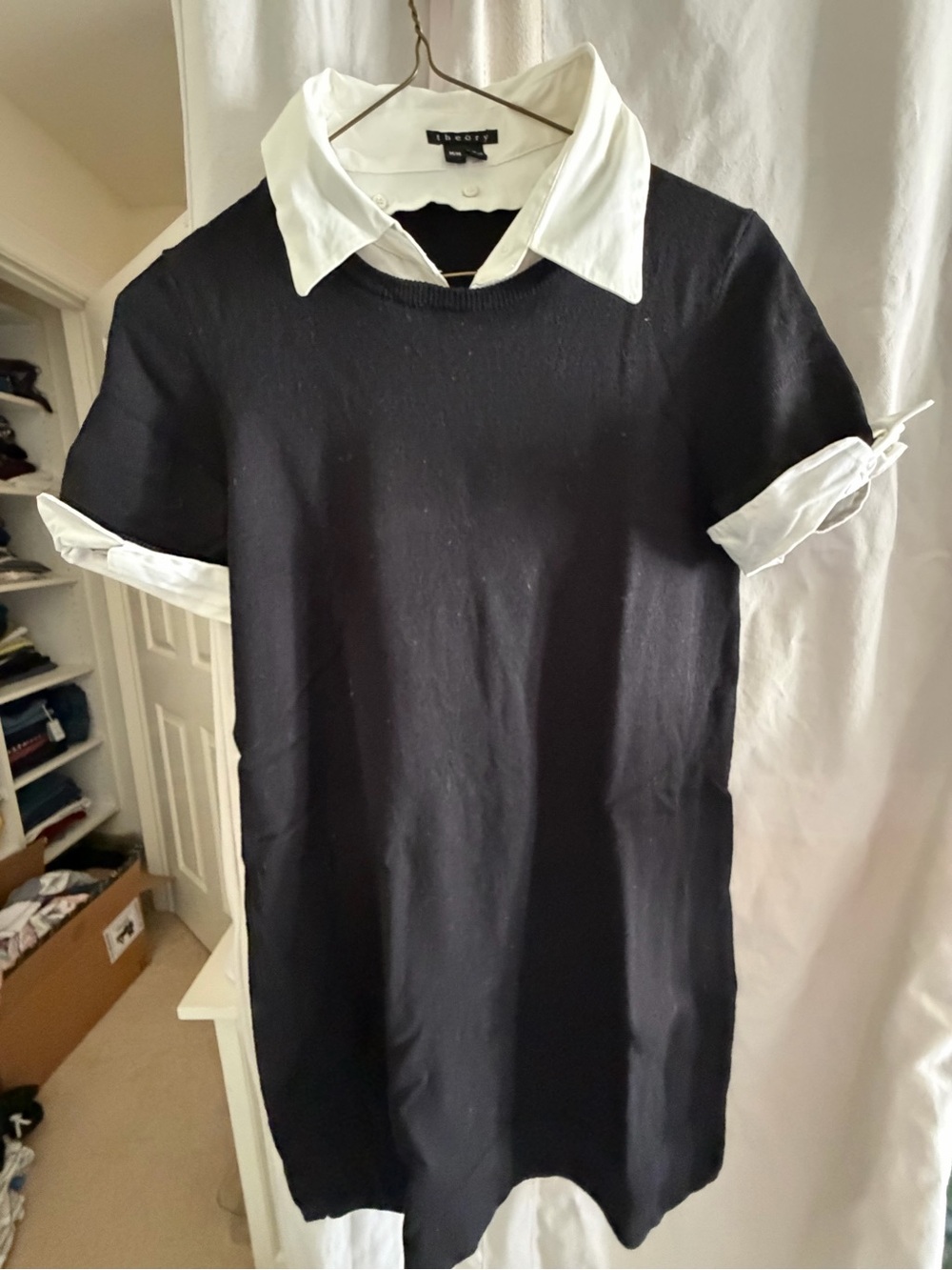 Theory Black Short-Sleeve Knit Shirt with White Collar